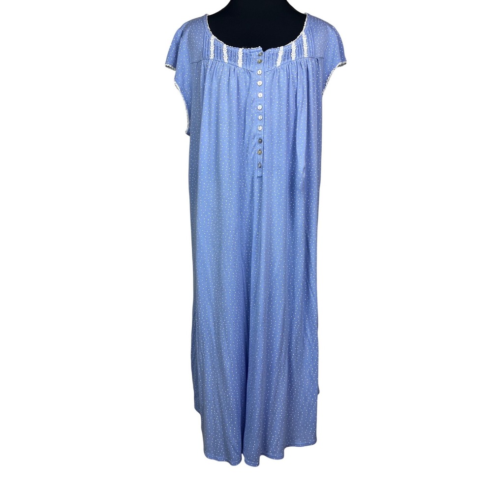 Eileen West Nightgown Large Blue Polka Dot Modal Jersey Lace Trim Sleeveless
